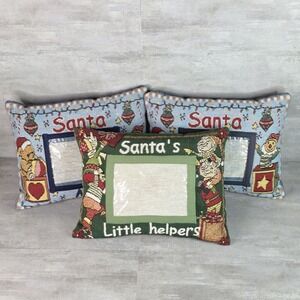 3 Santa's Christmas tapestry pillows Teddy Bear Elf clear picture Pocket 4x6 Vtg